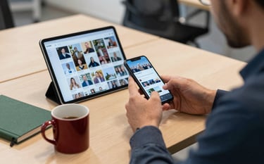 A professional in a modern European / French office environment, looking at a smartphone and a tablet showing social media grids. Clean Scandinavian style, soft natural lighting, with a forest green notebook and a deep red ceramic mug on a light wood desk.