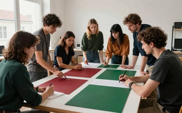 A diverse team of creatives in a light-filled European / French studio workspace. They are collaborating around a large table with deep red and forest green brand mood boards. The vibe is professional and focused on growth.