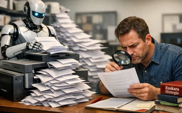 Robot imprimiendo muchas traducciones rápidamente mientras un traductor humano revisa un texto en eu