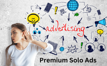 a woman holding her hand up to her ear and looking at a wall with a text Premium solo ad