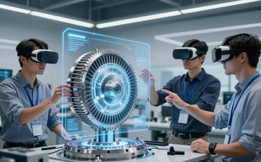 Professional engineers in a high-tech International / Global industrial design studio. They are using VR to interact with a complex mechanical turbine hologram. The lighting is crisp and blue-toned, emphasizing an innovative, forward-thinking expertise. Sharp focus and clean composition.