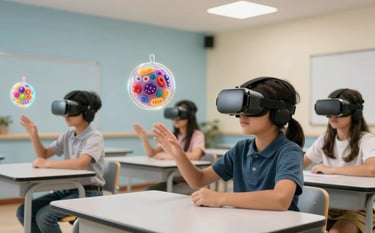 An airy, modern classroom in an International / Global school where students are wearing VR headsets to interact with floating digital models of cells and biology. Warm, inspiring lighting and a clean, light blue and off white environment. Professional depth of field.