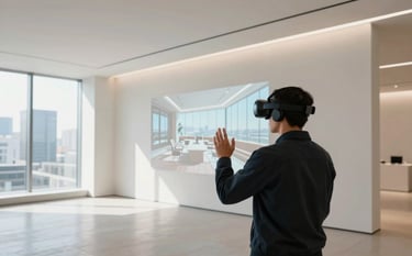 A wide photography shot of a modern, airy luxury real estate gallery in an International / Global metropolitan setting. A person is wearing a sleek VR headset, exploring a high-fidelity digital projection of a modern office space. Soft natural morning light fills the room, using a palette of off white and light blue.