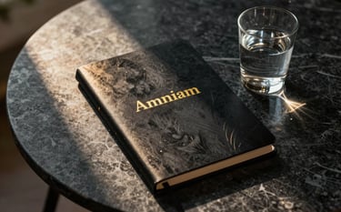 A cinematic flat-lay photograph of a personalized nutrition kit on a dark charcoal marble table. The kit includes a sleek black notebook with golden lettering and a glass of water. Golden morning light creates a luxury healthcare feel. South American style.