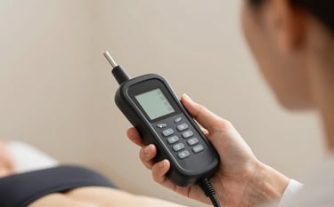 A professional close-up photograph of a body composition assessment in a Brazilian high-end sports clinic. A hand holding a modern black bioimpedance device against a neutral beige background. Bright, natural lighting, sharp focus, conveying scientific rigor.