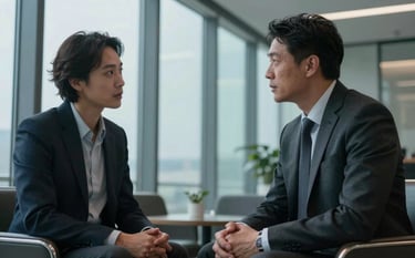 A low-angle shot of two executives in a sophisticated corporate lounge, engaged in a discreet, professional conversation. The background features floor-to-ceiling glass in muted slate blue tones, conveying trust and strategic partnership.