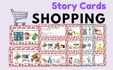 SHOPPING ELA ESL Creative Task Cards for speaking writing, and vocabulary