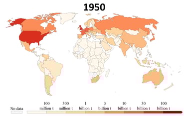 Map of cumulative CO2 emissions since 1750 by country in 1950