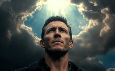 Christian man seeking freedom from porn addiction under heavenly light breaking through darkness.