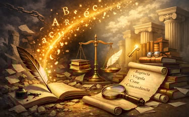 Ilustração realista representando domínio técnico da escrita: pena produzindo letras e sinais gráfic