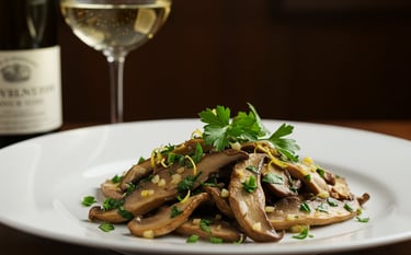 a plate of mushrooms and a glass of wine