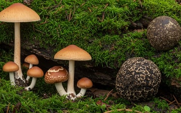a group of mushrooms and mushrooms in the woods