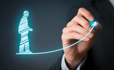 Hand drawing upward arrow lifting a digital human figure, symbolizing student talent development