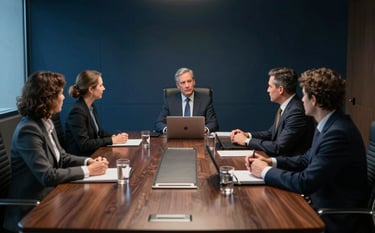 A modern US executive boardroom with a large polished table and ergonomic seating. A consultant leads a focused leadership session. The lighting is professional and moody, incorporating deep blue and dark navy tones for a trustworthy and expert feel.