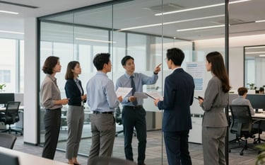 A high-end North American collaborative office space. Strategy experts are reviewing data on a glass wall. The scene is bright and professional, featuring soft grey and slate blue accents, clean lines, and a sophisticated vibe.