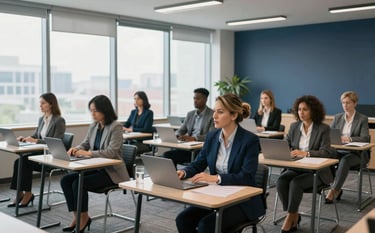 A professional North American office training room with large windows. A group of diverse adult professionals are engaged in a corporate workshop. The setting is bright and empowering with soft grey and deep blue accents, reflecting a sophisticated results-oriented atmosphere.