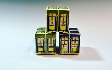Stoneware boxes, handbuilt, stenciled with stained glass designs