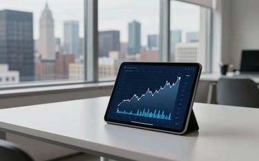 A creative workshop in a high-end North American / US studio. Large windows show a city skyline. A clean white desk holds a tablet displaying dynamic growth charts. The scene is styled with Deep Midnight Blue and Soft Pearl Grey elements.