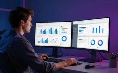 A professional in a sleek North American / US office setting reviewing high-end social media analytics on a dual monitor setup. The room features Deep Midnight Blue and Royal Violet accents, soft cinematic lighting, and a modern aesthetic.