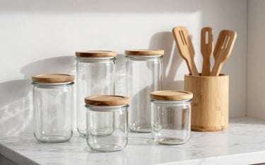 Clean, bright photography of high-quality glass storage jars and bamboo kitchen organizers arranged on a white marble countertop in a modern Northern European kitchen. Soft natural morning light, minimalist aesthetic, focus on textures of glass and wood.
