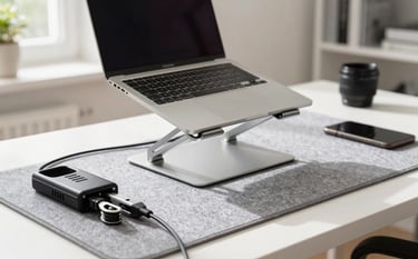 Professional workspace setup in a bright British home office. Features a sleek aluminum laptop stand, a grey felt desk mat, and high-quality cable management tools. Overstated professionalism, clear morning light, clean lines.