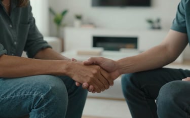 Two people sitting together in a modern, light-filled Australian home, a gentle hand-on-hand gesture showing support and partnership, shot with a shallow depth of field. Muted teal and charcoal accents throughout.