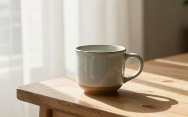 A close-up of a warm ceramic cup resting on a light timber table in an Australian sunroom, soft morning light filtering through linen curtains, creating a sense of calm and clarity. The color palette features soft sage and off-white tones.