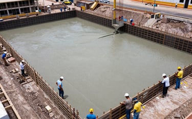 A high-angle architectural shot of a large-scale construction foundation in Lima, Peru, with South American workers overseeing the precision pouring of high-strength concrete, modern and professional atmosphere.