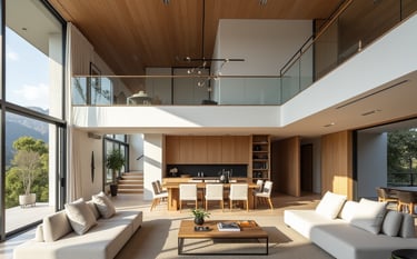 una sala de estar en doble altura, con sofas