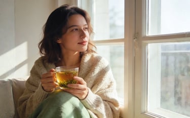 woman relaxing in morning sunlight drinking tea supporting healthy cortisol rhythm