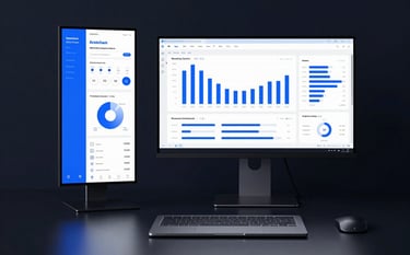 A minimalist, high-end workstation featuring a sleek laptop and a secondary vertical monitor displaying clean data analytics charts in sapphire blue and white, dark navy office environment, soft moody lighting.