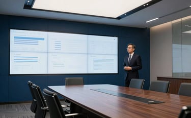 A wide shot of a high-tech boardroom in a North American corporate headquarters. A professional lead stands near a large screen showing clean, abstract data patterns. The setting is formal and innovative, using a dark navy and medium blue color palette with sharp, clean lines and soft overhead lighting.