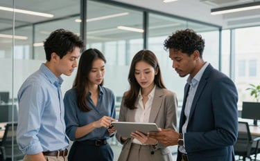 A small group of diverse professionals collaborating in a sleek North American office space with glass walls. They are focused on a digital presentation on a tablet. The lighting is bright and natural, emphasizing a modern, professional, and intelligent workspace with light blue and medium blue tones.