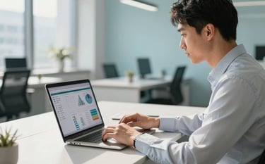 A professional in a crisp business-casual outfit working in a sunlit, modern North American office. They are looking at a laptop screen displaying professional data visualizations. The atmosphere is clean and high-tech with light gray and light blue accents in the decor. High-end photography style with shallow depth of field.
