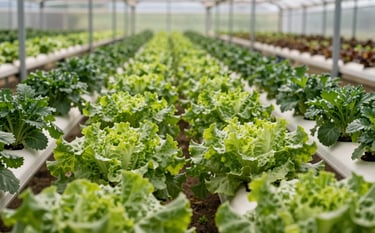 Rows of vibrant, healthy organic lettuce and deep green herbs in a modern greenhouse in North America, with soft morning light hitting the leaves. The composition is a low-angle shot looking down the clean, organized rows.