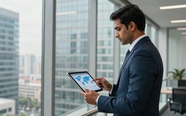 A professional South Asian executive in a sharp business suit standing in a modern, glass-walled office overlooking a city. They are holding a tablet showing global logistics maps. The lighting is sophisticated, with a color palette of medium blue and off-white.