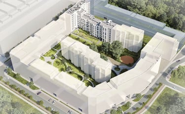 Aerial 3D rendering of a modern residential apartment complex with a green courtyard and city landscaping.