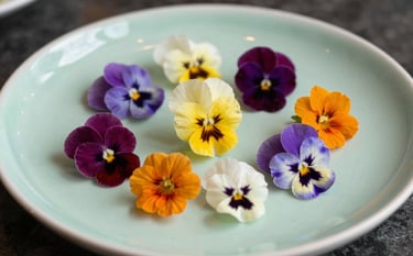 An elegant, close-up shot of multi-colored pansies and nasturtiums arranged artistically on a light green ceramic plate. The style is clean and airy with soft natural light, conveying a sense of luxury and freshness in a professional North American culinary setting.
