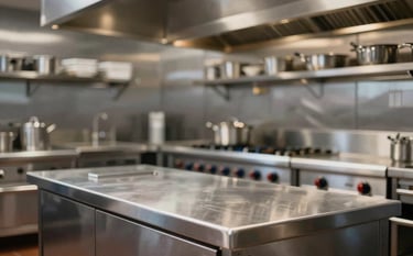A high-end commercial restaurant kitchen made of gleaming stainless steel. The surfaces are sparkling. Warm light hits the edges of the counters, creating a cinematic, clean look. The colors are dominated by cool metal and subtle navy accents, showing extreme attention to detail.