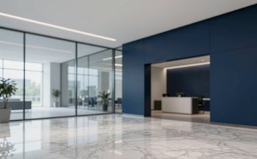 A pristine, modern corporate office lobby with glass walls and polished marble floors. A faint reflection of a gold logo is visible. The scene is minimalist and professional, utilizing a palette of Navy Blue and Light Grey. The environment looks impeccably clean and highly polished, conveying trustworthiness.