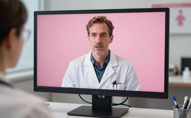 A North American / US doctor conducting a telehealth consultation through a high-definition monitor in a sophisticated medical office. The palette includes deep pink and pale pink highlights.