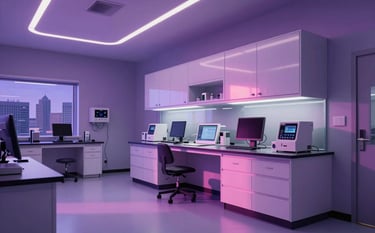 A wide-angle photography shot of a sleek, forward-thinking medical lab in a North American / US city. The lighting is crisp with deep purple and soft pink hues reflecting off glass surfaces.