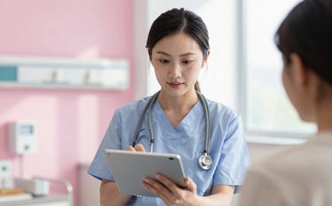 A professional North American / US hospital administrator efficiently managing patient records on a sleek tablet within a bright, modern clinic. The environment features soft pink accents and soft, natural morning light.