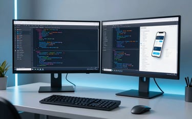 A professional photography shot of a minimalist workstation in a North American tech hub. Two large monitors display clean lines of code and mobile UI mockups. The lighting is clean and bright azure blue accents reflect off a polished desk surface, conveying innovation and reliability.