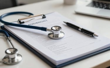 A close-up photograph of a professional medical report on a clean desk, with a stethoscope and a sleek pen, in a modern South American Brazilian office setting, high-end corporate lighting, colors emphasizing dark blue and off-white.