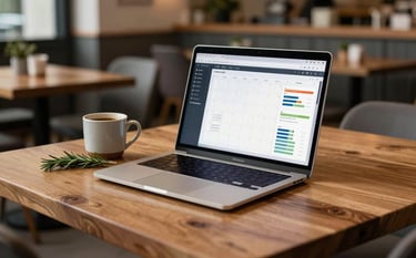 A cozy, scandinavian-style restaurant interior in the US. A sleek marketing workstation is set up at a warm wooden table with a laptop showing a content calendar and engagement graphs. A ceramic mug of coffee and a sprig of rosemary sit nearby. Soft focus background.
