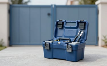 Handyman's professional tool kit on a clean surface with a freshly painted gate in the background. The scene conveys organization and attention to detail. Subtle incorporation of professional blue #4C7B9E and neutral greys.
