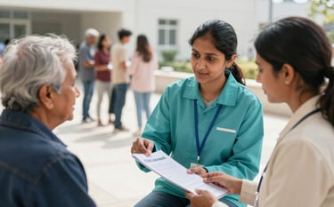 A compassionate South Asian female volunteer in a teal jacket explaining medical insurance documents to an elderly person at a bright outdoor community health camp. The background is a clean, sunlit area with people waiting in a tidy queue. The atmosphere is professional and hopeful, using off-white and dark blue as accent colors.