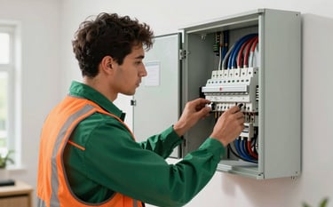 A professional electrician in technical green uniform and industrial orange safety vest, installing a modern electrical panel in a well-lit residential setting. High-quality photography, sharp focus, clean environment.