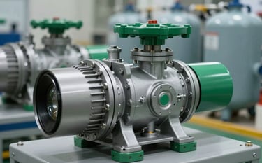Close-up of a high-performance water pump system and pressure tanks in a technical facility. The lighting is clean and professional, highlighting technical green accents on the machinery.